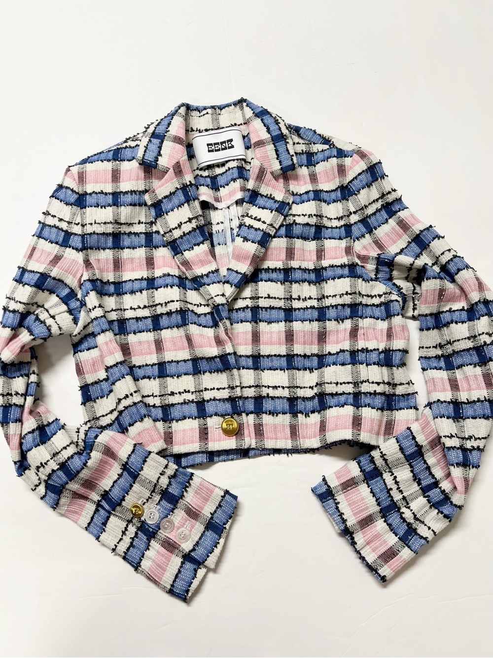 EENK Womens Ivory Pink Blue Preppy Single Breasted Short Tweed Jacket Size S